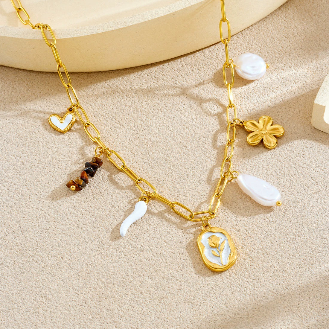 Wholesale Women's Geometric Pearl Tiger Eye Stone Pendant Flower Heart Stainless Steel Electroplated Accessories Set With Plants And Flowers Pattern - Image 2