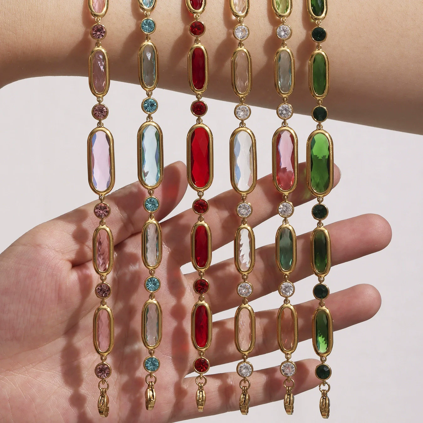 Wholesale Women's Geometric Rectangular Round Faceted Stainless Steel And Glass Stone Electroplated Bracelet With Midcentury And Ancient Style - Image 3