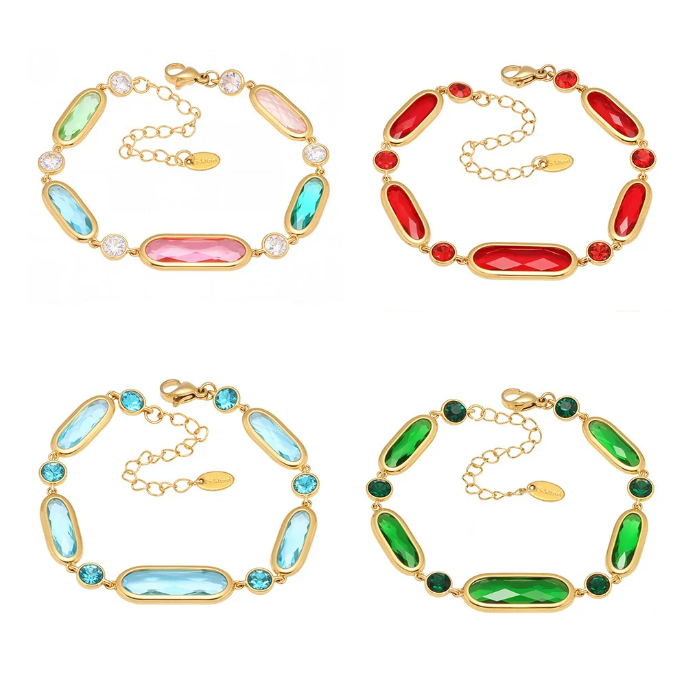 Wholesale Women's Geometric Rectangular Round Faceted Stainless Steel And Glass Stone Electroplated Bracelet With Midcentury And Ancient Style - Image 5