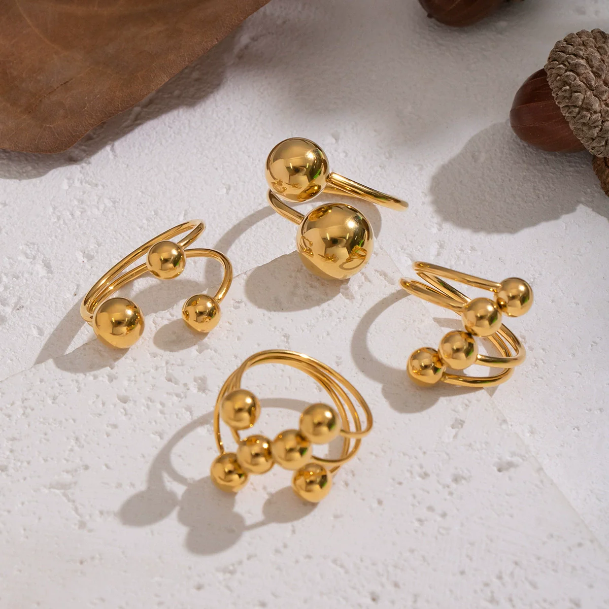 Wholesale Women's Geometric Round Ball Bead Open Ring Stainless Steel Pvd Furnace Vacuum Real Gold Plated Hand Jewelry