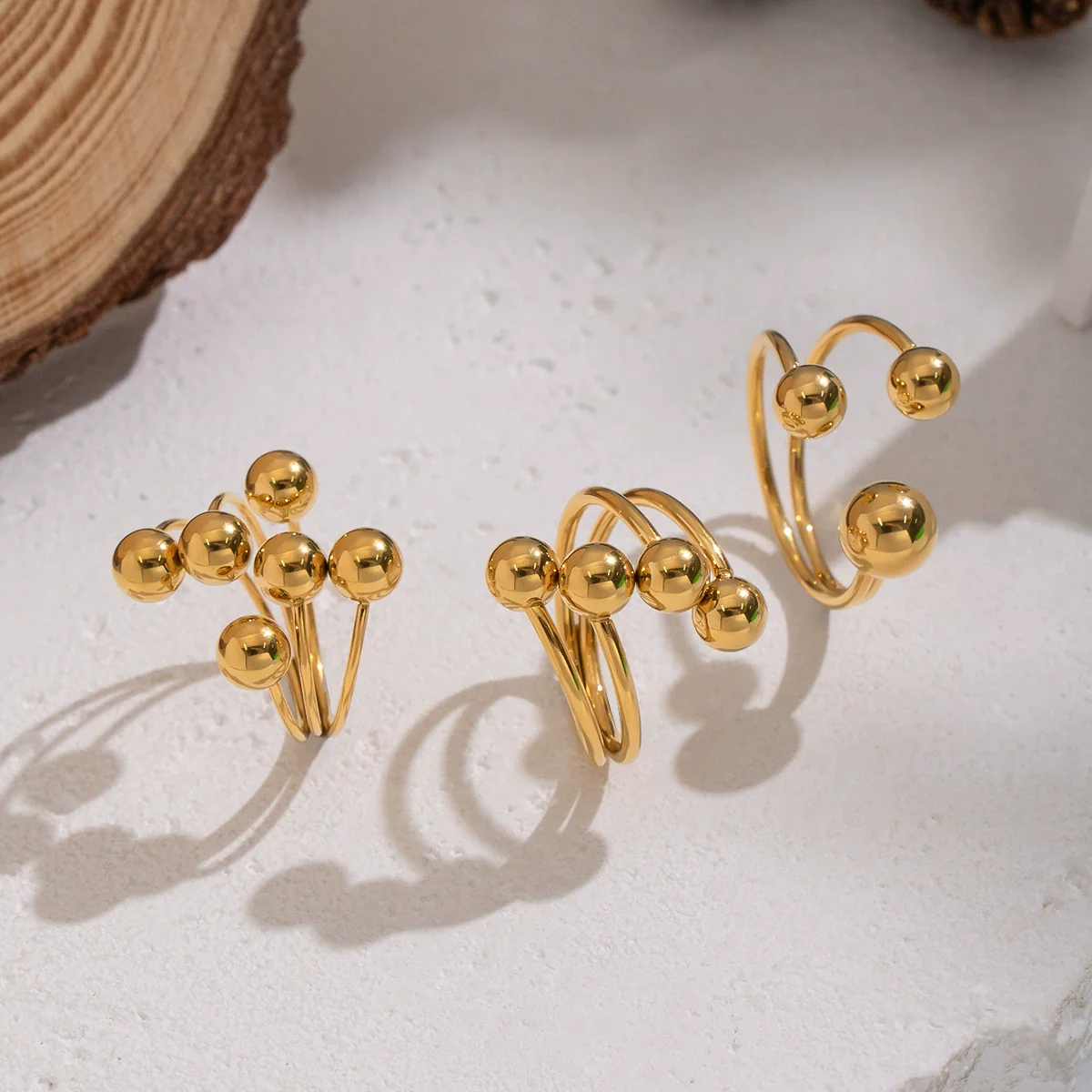 Wholesale Women's Geometric Round Ball Bead Open Ring Stainless Steel Pvd Furnace Vacuum Real Gold Plated Hand Jewelry - Image 2