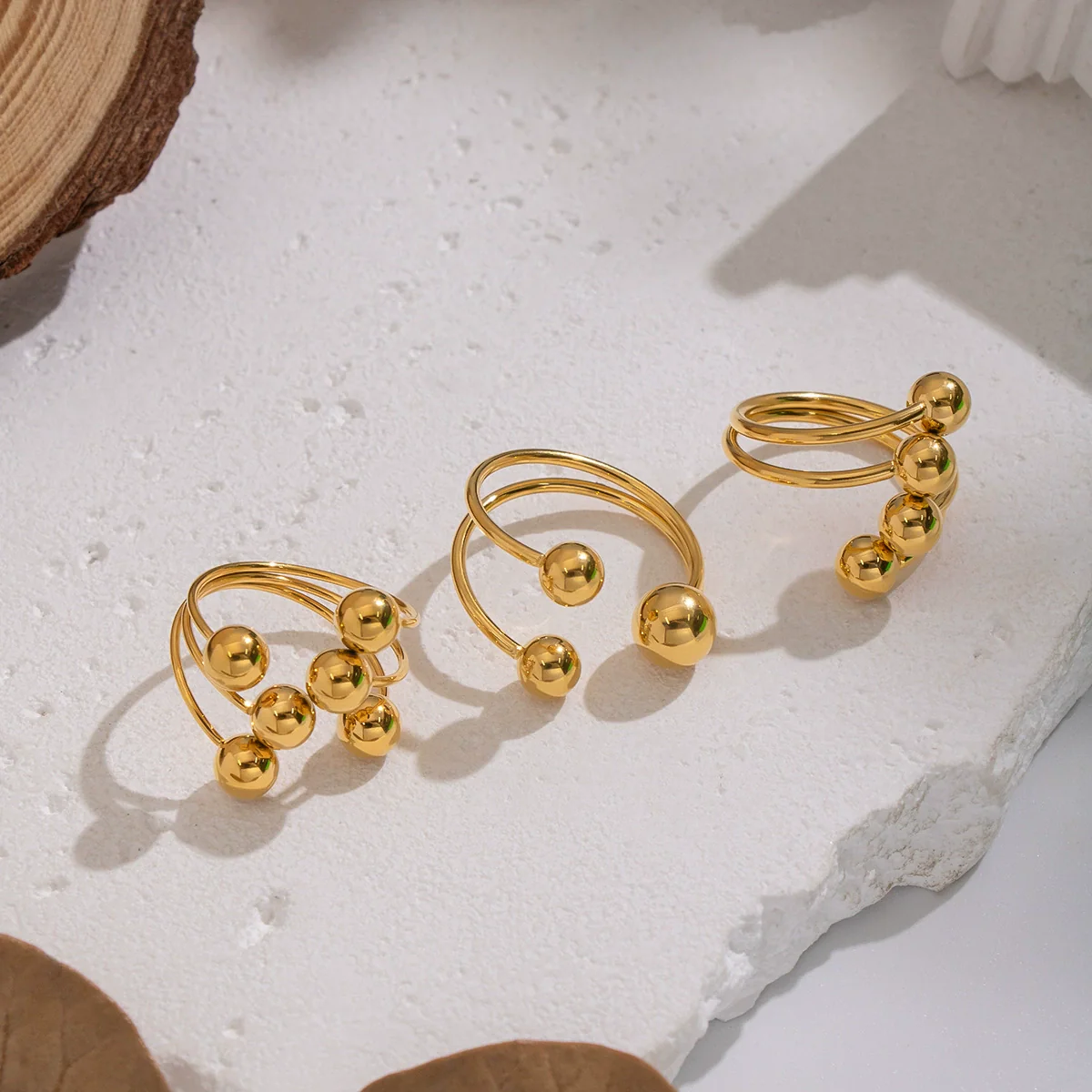 Wholesale Women's Geometric Round Ball Bead Open Ring Stainless Steel Pvd Furnace Vacuum Real Gold Plated Hand Jewelry - Image 3