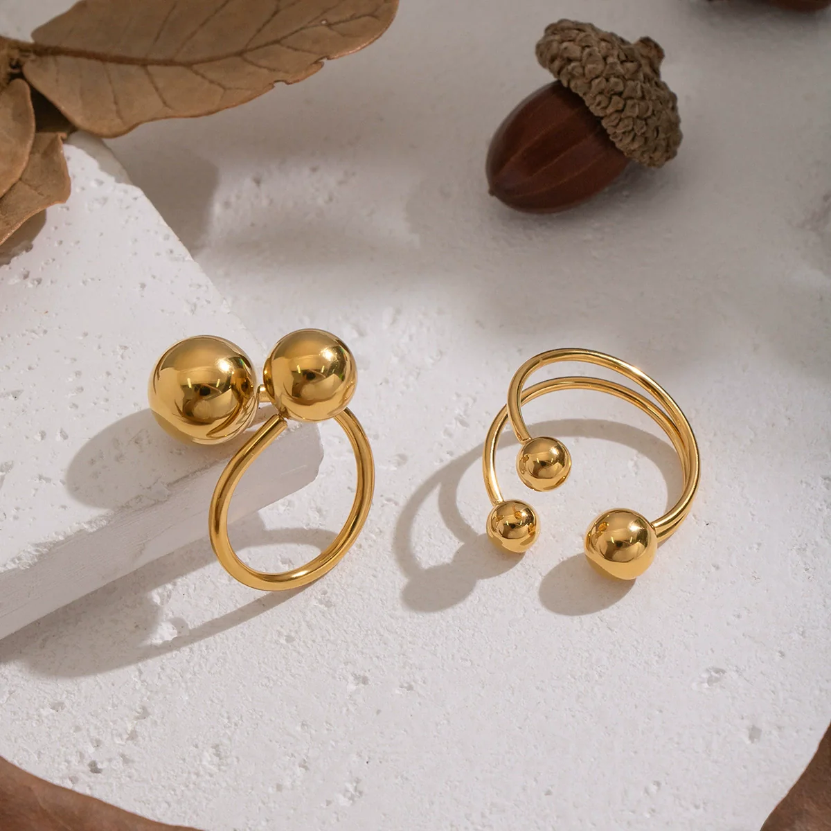 Wholesale Women's Geometric Round Ball Bead Open Ring Stainless Steel Pvd Furnace Vacuum Real Gold Plated Hand Jewelry - Image 4
