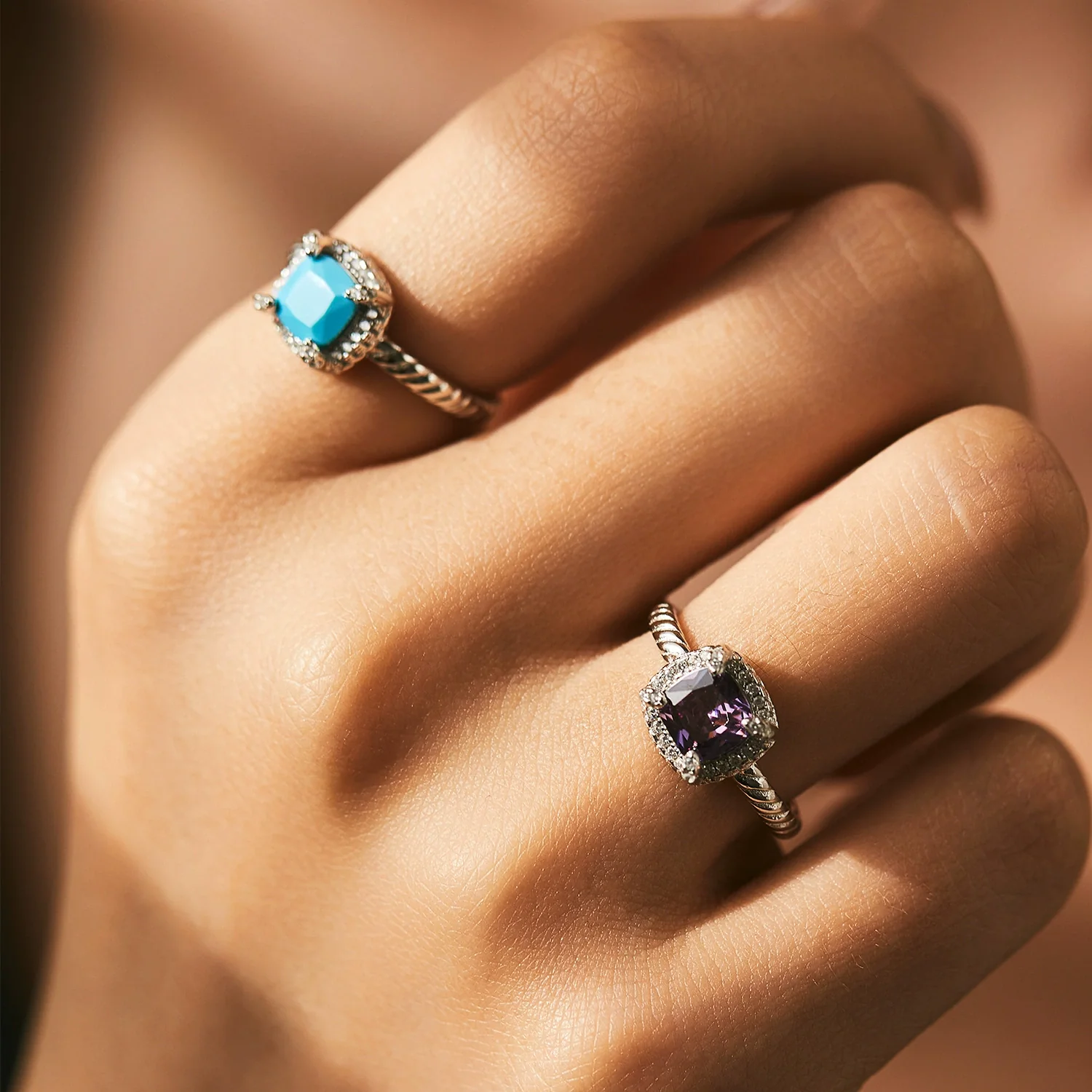 Wholesale Women's Geometric S925 Sterling Silver Turquoise Diamond Ring - Image 2
