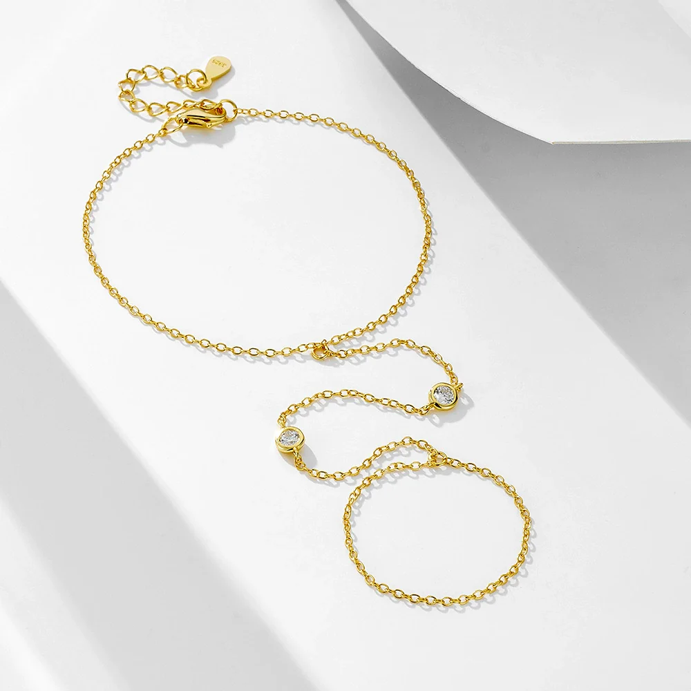 Wholesale Women's Geometric Silver Zircon Finger Chain Bracelet Set With Diamonds - Image 2