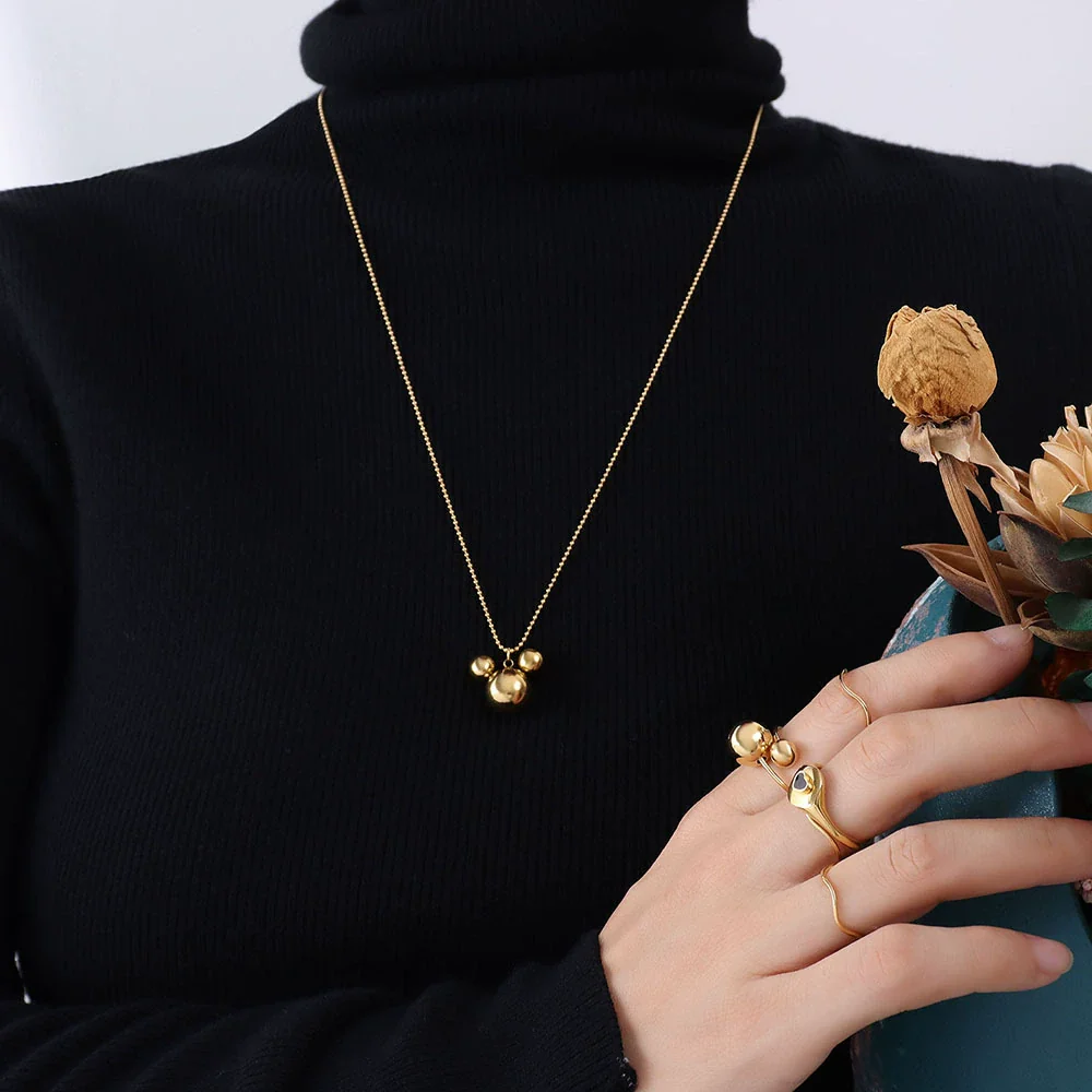 Wholesale Women's Geometric Simple Zodiac Threedimensional Mouse Pendant 18K Gold Plated Titanium Steel Ball Chain Necklace - Image 2