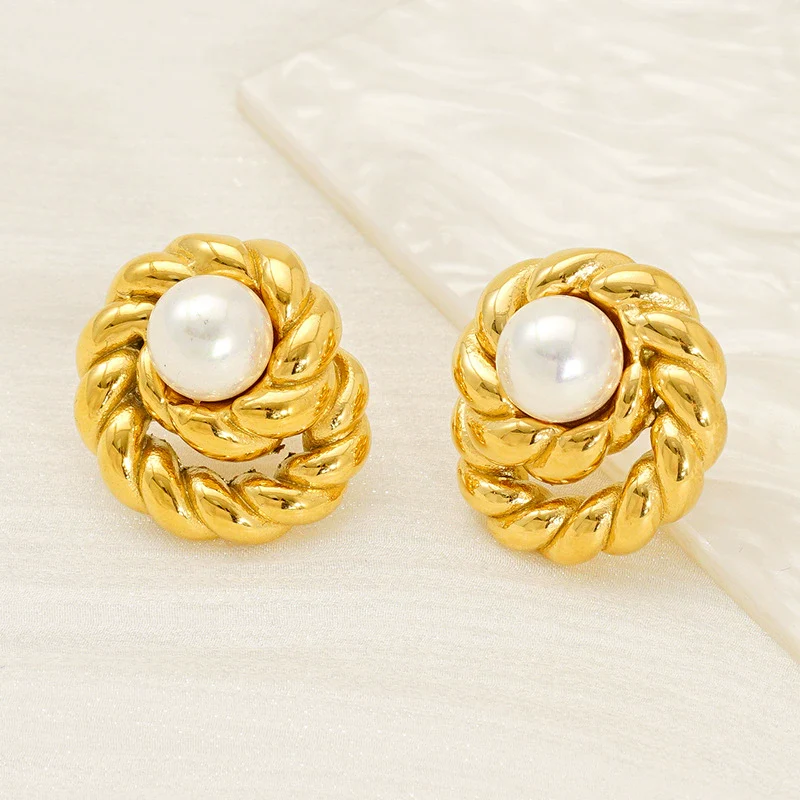 Wholesale Women's Geometric Spiral Textured Titanium Steel Electroplated Earrings - Image 2