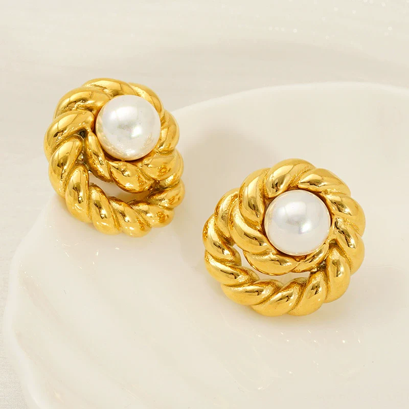 Wholesale Women's Geometric Spiral Textured Titanium Steel Electroplated Earrings - Image 3