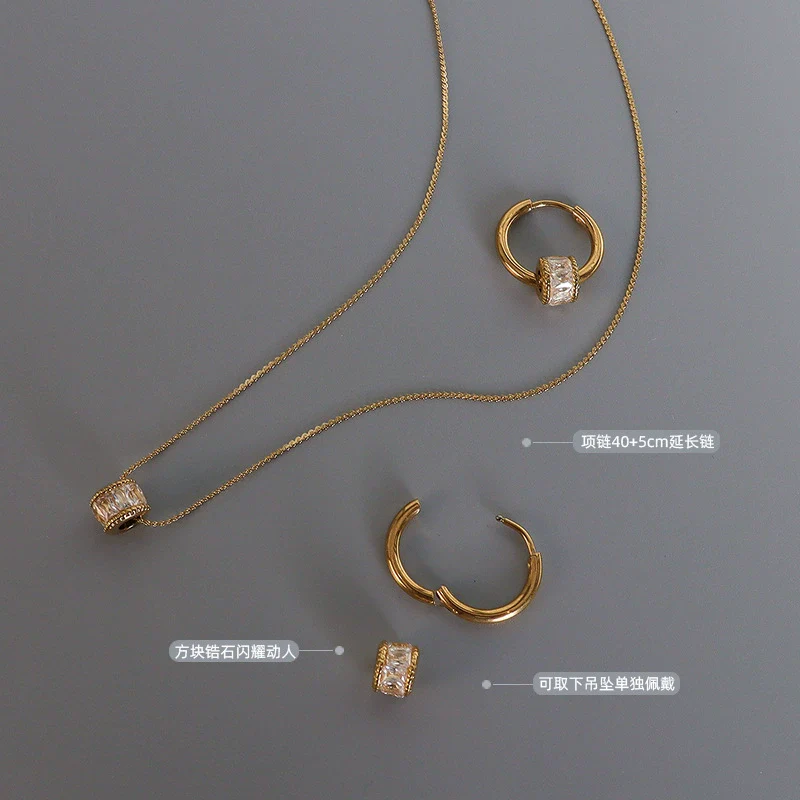 Wholesale Women's Geometric Square Diamond Titanium Steel Electroplated Jewelry Set Of Earrings And Necklace - Image 2