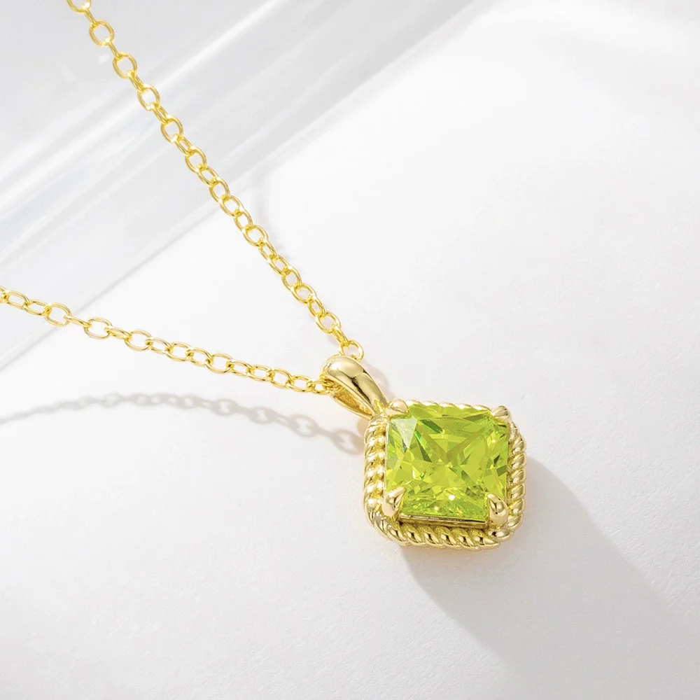Wholesale Women's Geometric Square Green Diamond S925 Sterling Silver Pendant Necklace With Cross Chain