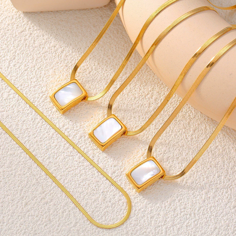 Wholesale Women's Geometric Square White Sea Shell Pendant Necklace In Titanium Steel With 18K Real Gold Plating - Image 2
