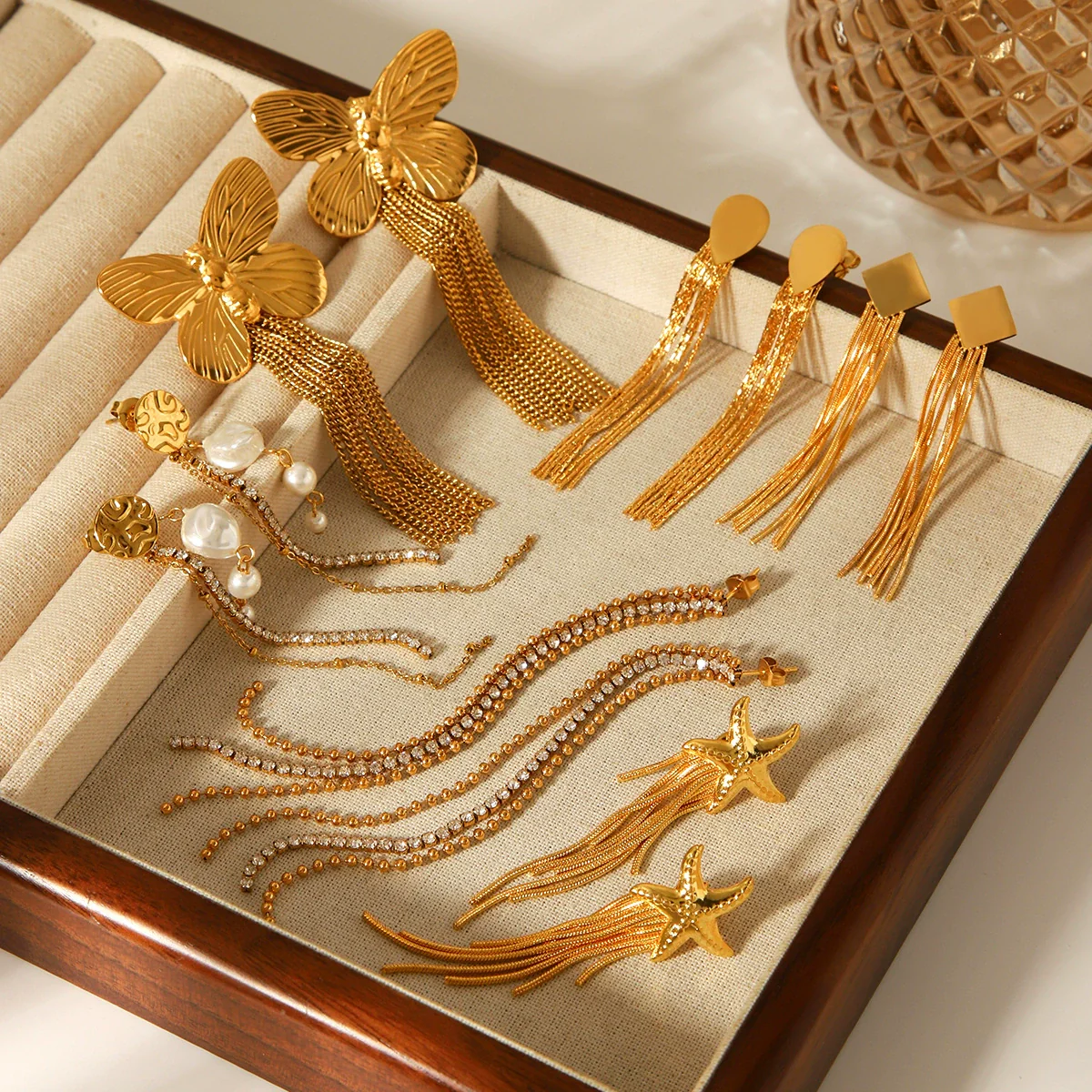 Wholesale Women's Geometric Stainless Steel 18K Gold Electroplated Tassel Long Earrings Jewelry