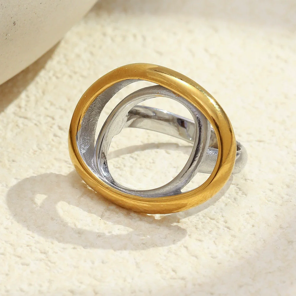 Wholesale Women's Geometric Stainless Steel 18K Gold Plated Oval Double Ring Hand Jewelry Light Luxury Style