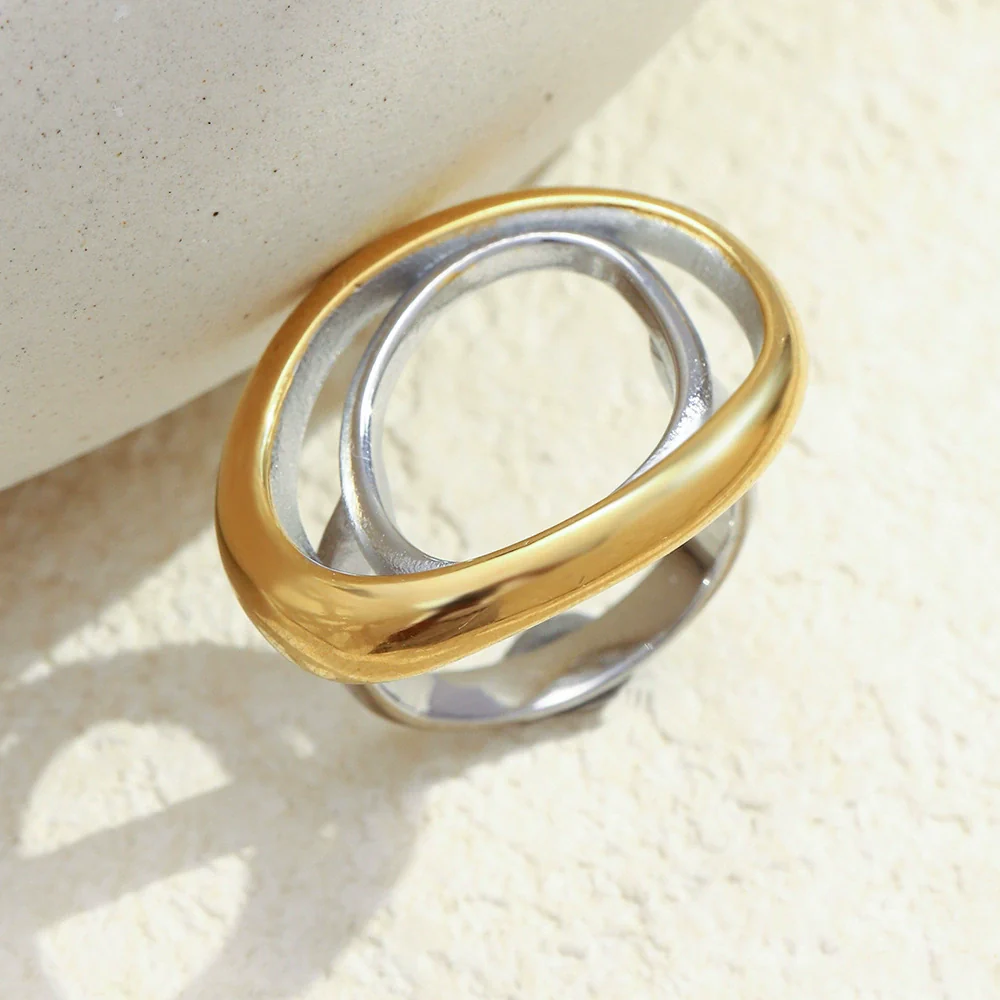 Wholesale Women's Geometric Stainless Steel 18K Gold Plated Oval Double Ring Hand Jewelry Light Luxury Style - Image 3