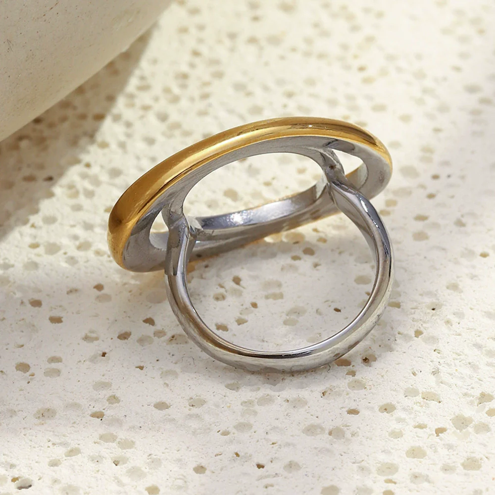 Wholesale Women's Geometric Stainless Steel 18K Gold Plated Oval Double Ring Hand Jewelry Light Luxury Style - Image 4