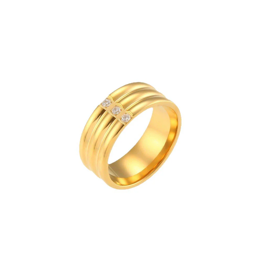 Wholesale Women's Geometric Stainless Steel 18K Goldplated Three Arc Face Three Diamond Ring Jewelry - Image 5