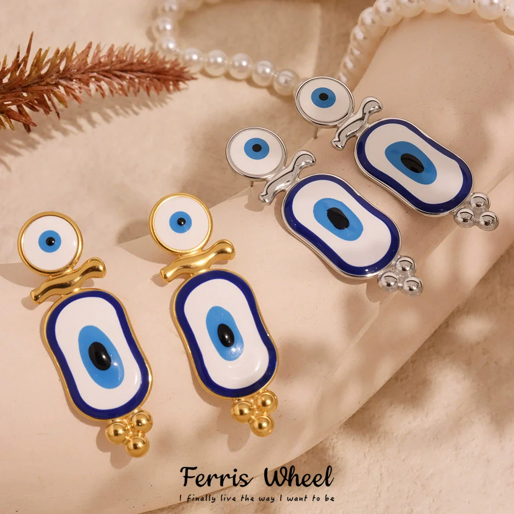 Wholesale Women's Geometric Stainless Steel And Enamel Glaze Electroplated Ferris Wheel And Turkish Blue Eye Earrings