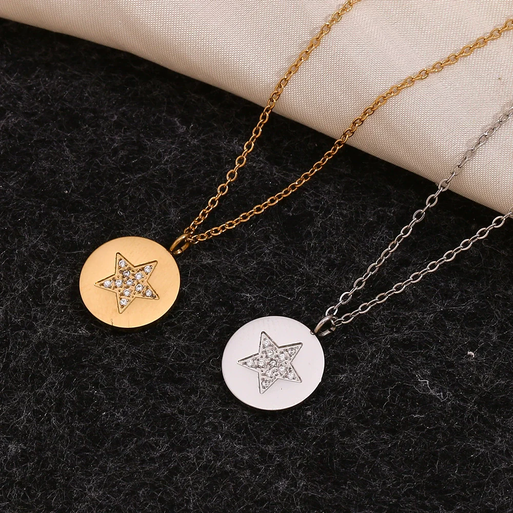 Wholesale Women's Geometric Stainless Steel And Titanium Steel Electroplated 18K Gold Round And Five Pointed Star Necklace Pendant - Image 3