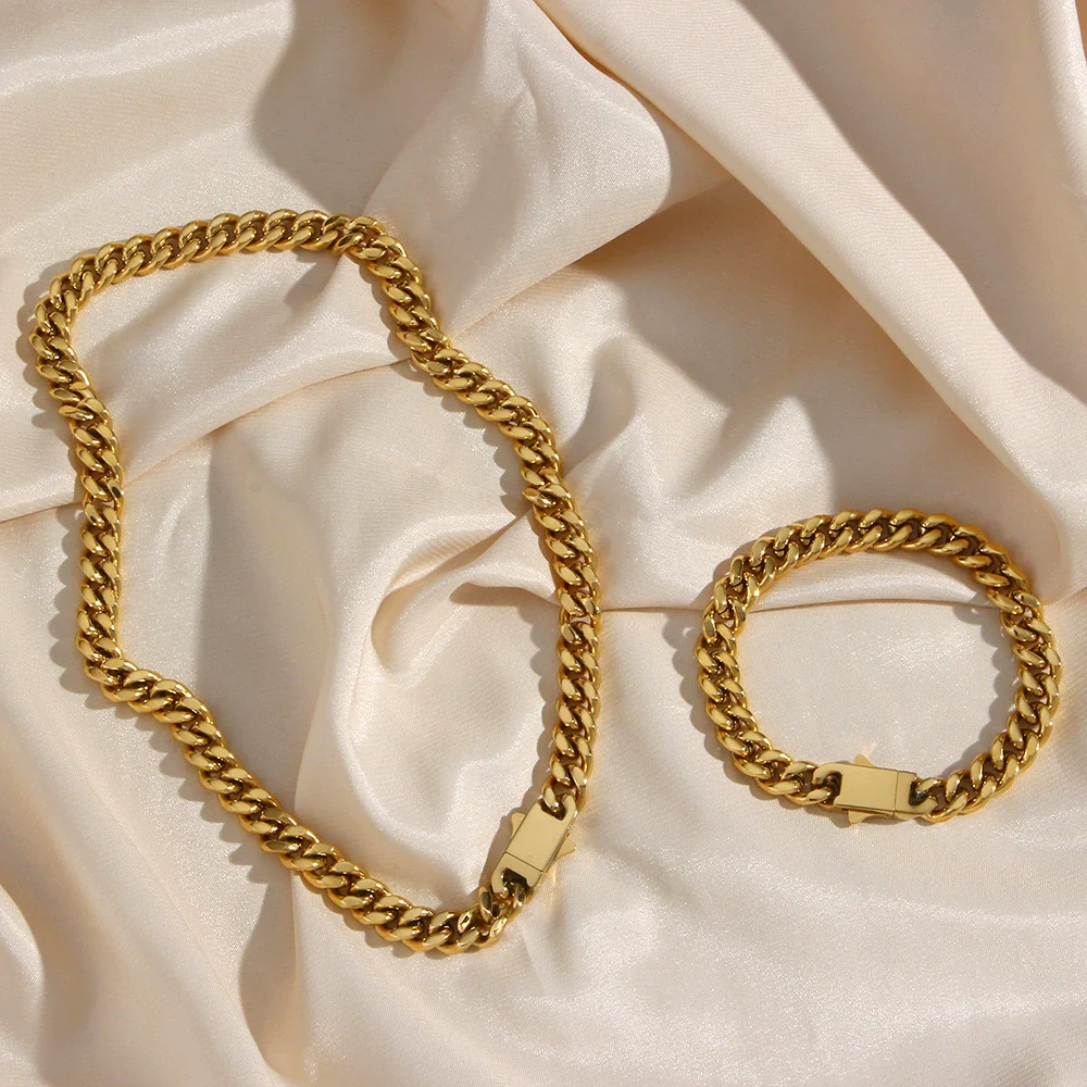 Wholesale Women's Geometric Stainless Steel And Titanium Steel Electroplated Cuban Chain Bracelet And Necklace Combination