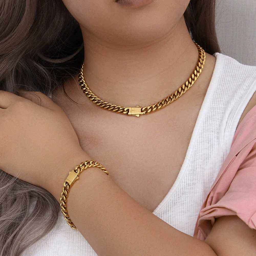 Wholesale Women's Geometric Stainless Steel And Titanium Steel Electroplated Cuban Chain Bracelet And Necklace Combination - Image 4