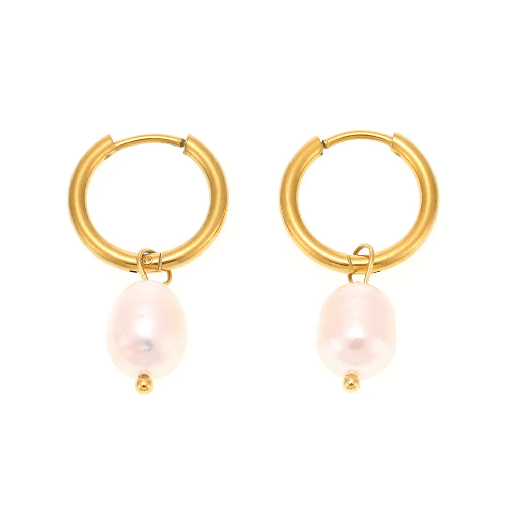 Wholesale Women's Geometric Stainless Steel Earrings With Freshwater Pearl 18K Gold Plated - Image 5