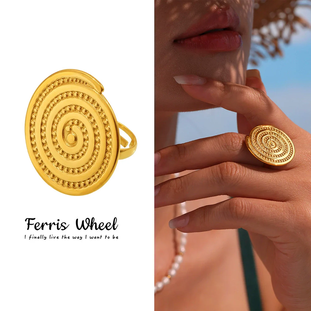 Wholesale Women's Geometric Stainless Steel Electroplated 18K Gold Ferris Wheel Ring With Mosquito Coil Texture