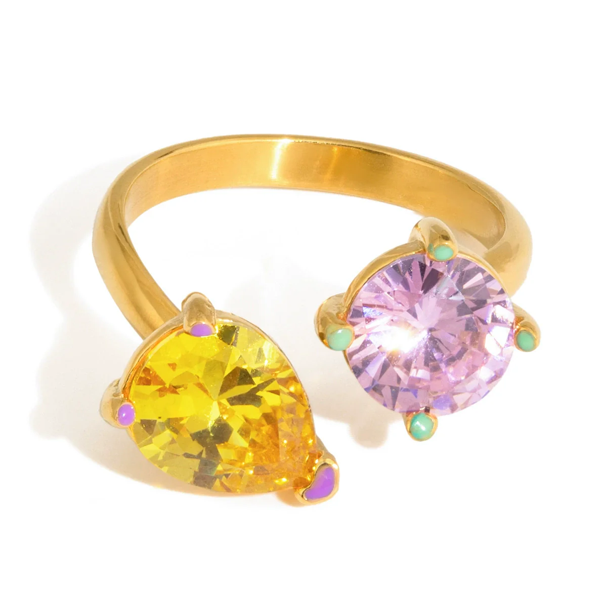 Wholesale Women's Geometric Stainless Steel Electroplated 18K Gold Yellow And Pink Dropshaped Zircon Ring Accessories - Image 5