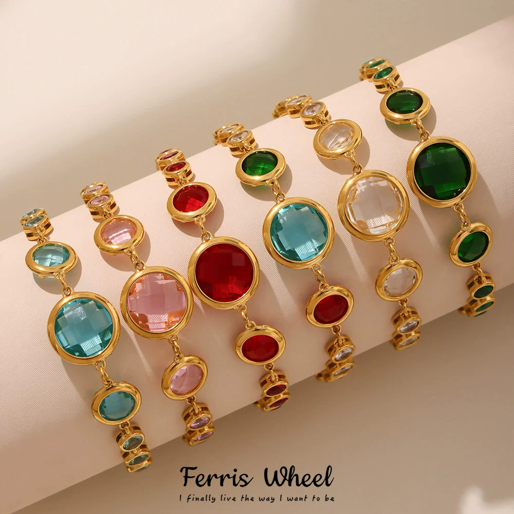 Wholesale Women's Geometric Stainless Steel Electroplated Ferris Wheel Round Faceted Czech Glass Stone 5A Zircon Full Diamond Stitching Bracelet