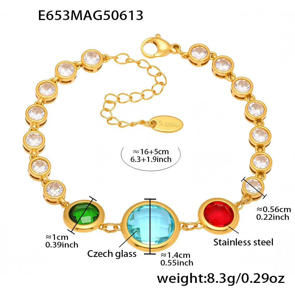 Wholesale Women's Geometric Stainless Steel Electroplated Ferris Wheel Round Faceted Czech Glass Stone 5A Zircon Full Diamond Stitching Bracelet - Image 11