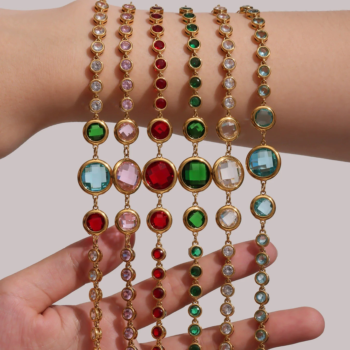 Wholesale Women's Geometric Stainless Steel Electroplated Ferris Wheel Round Faceted Czech Glass Stone 5A Zircon Full Diamond Stitching Bracelet - Image 2