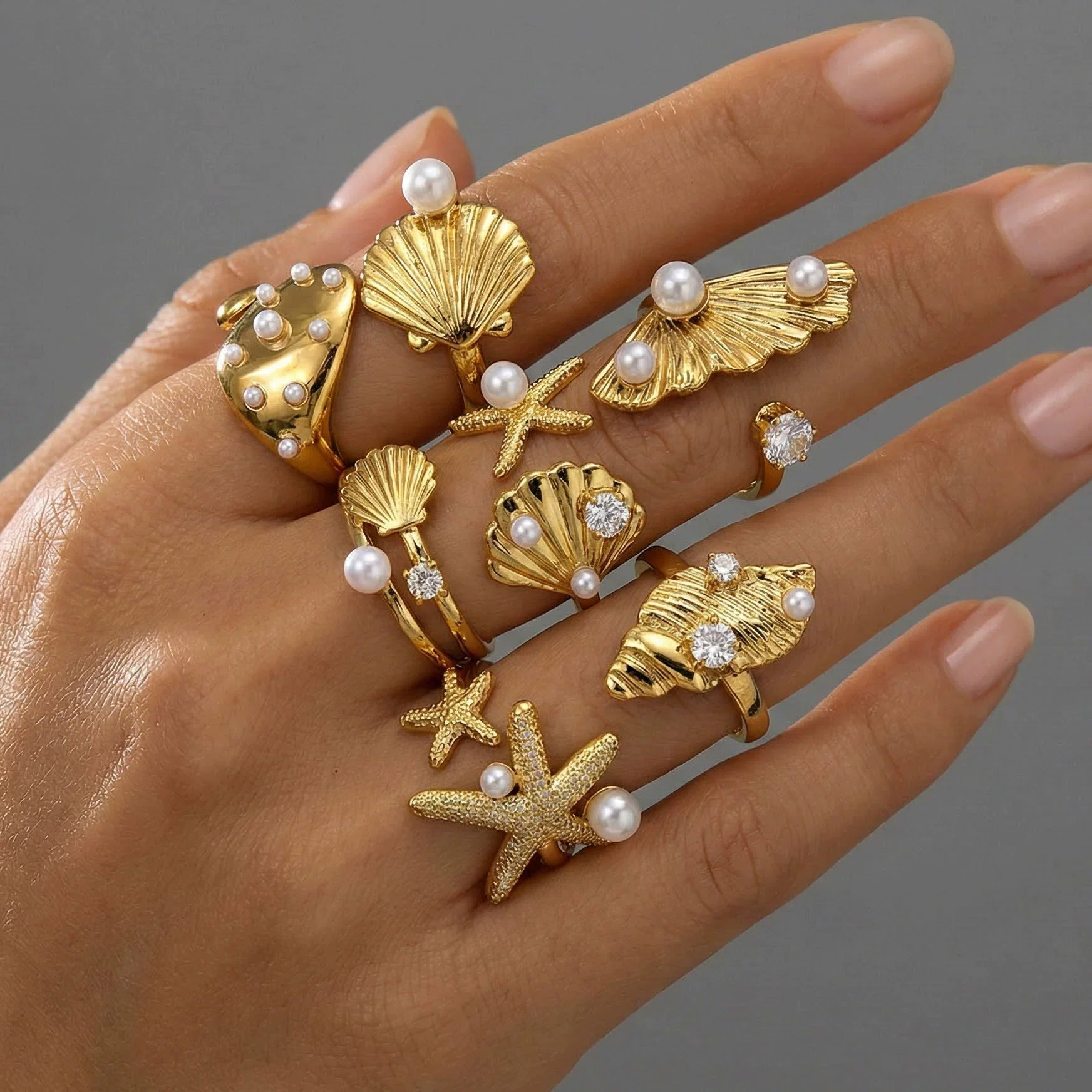 Wholesale Women's Geometric Stainless Steel Electroplated Inlaid Pearl Rings - Image 4