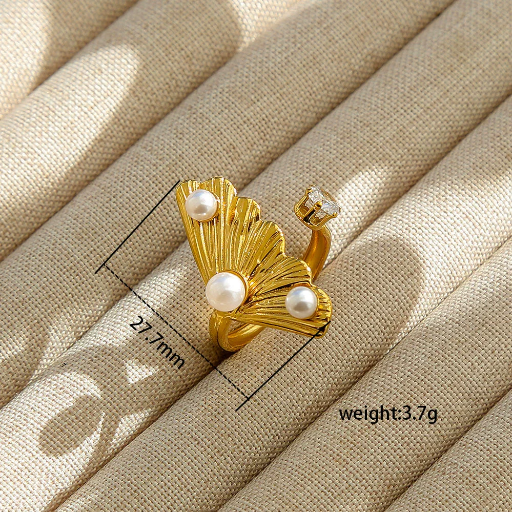 Wholesale Women's Geometric Stainless Steel Electroplated Inlaid Pearl Rings - Image 6