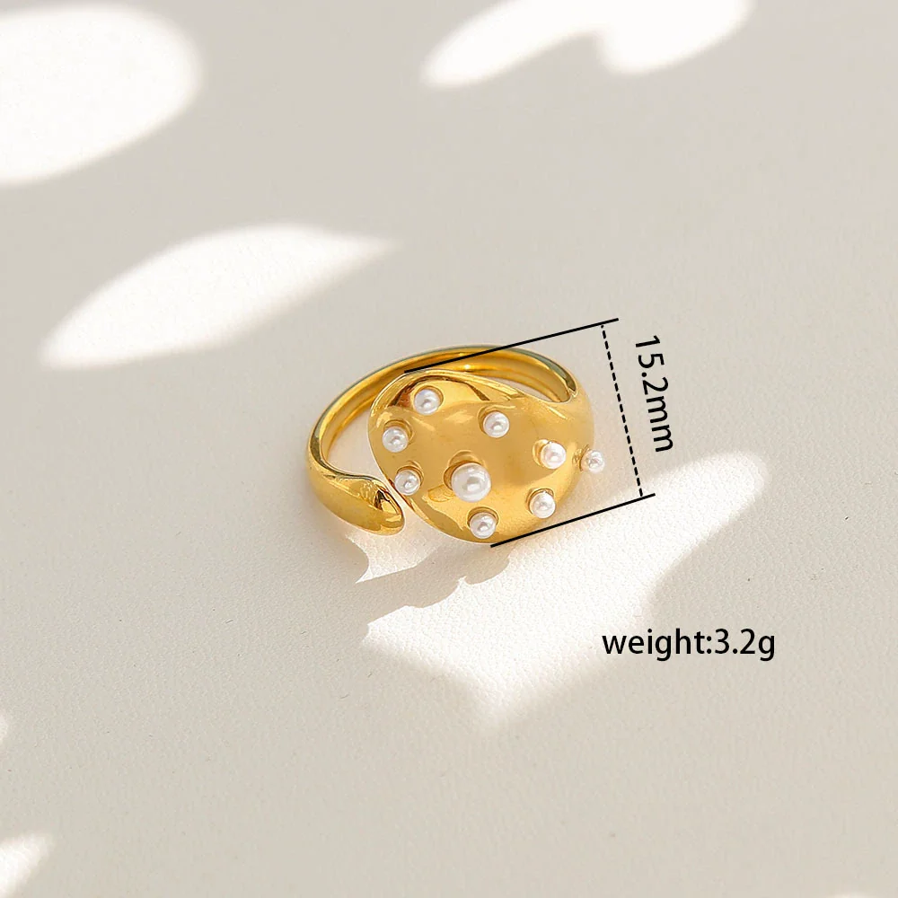 Wholesale Women's Geometric Stainless Steel Electroplated Inlaid Pearl Rings - Image 8