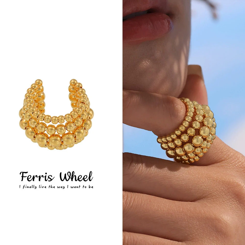 Wholesale Women's Geometric Stainless Steel Electroplated Multilayered Beads Wide Version Open Ring