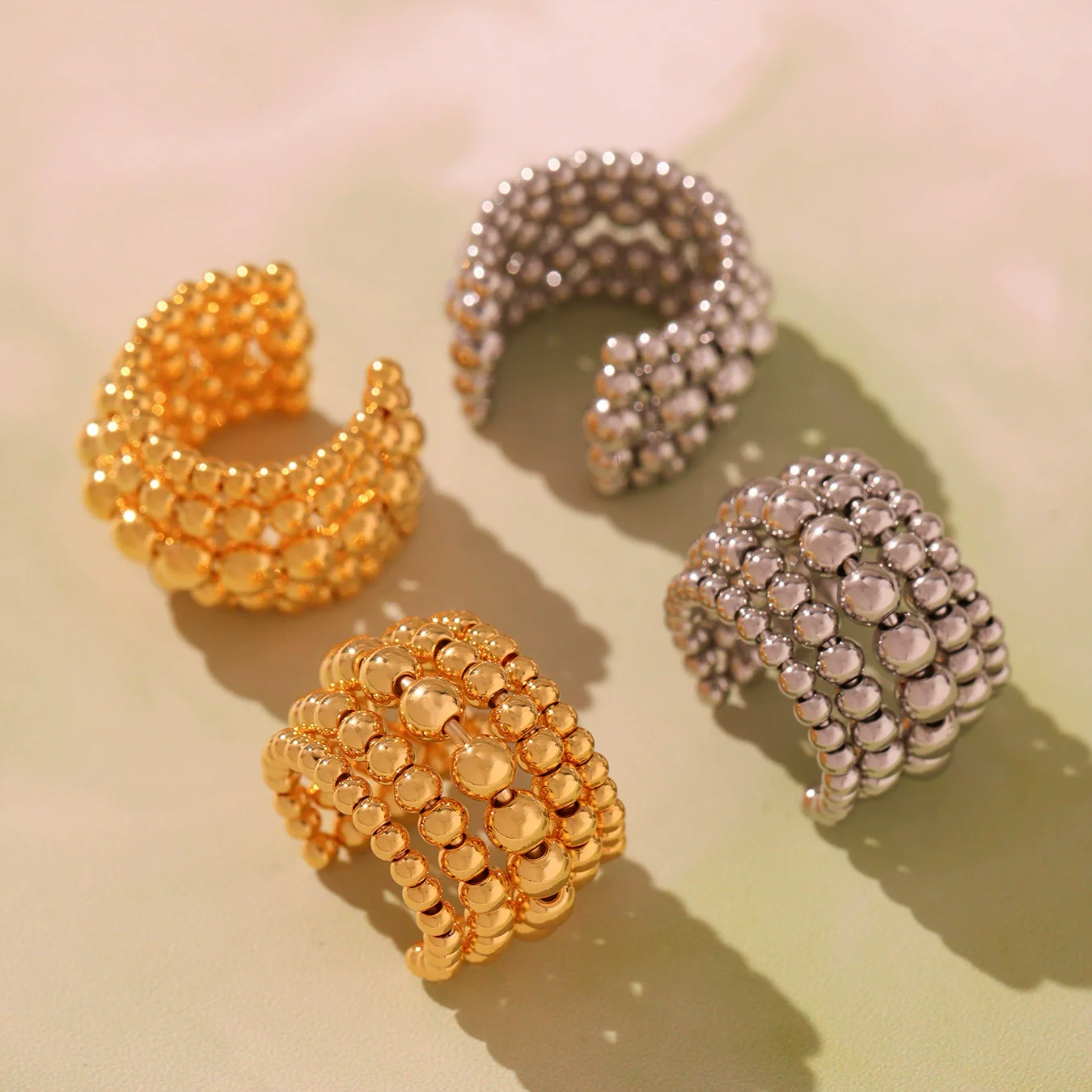 Wholesale Women's Geometric Stainless Steel Electroplated Multilayered Beads Wide Version Open Ring - Image 2