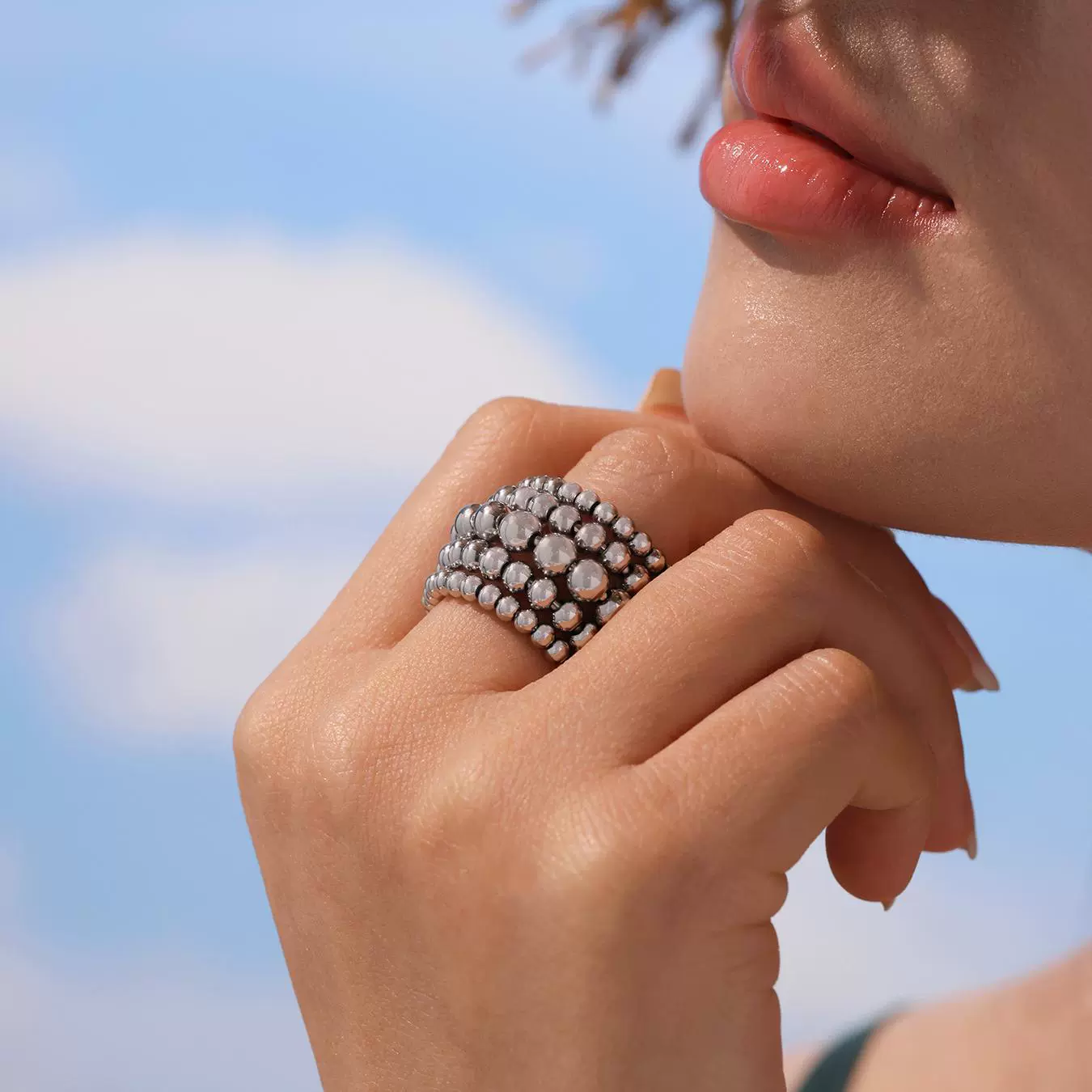 Wholesale Women's Geometric Stainless Steel Electroplated Multilayered Beads Wide Version Open Ring - Image 4
