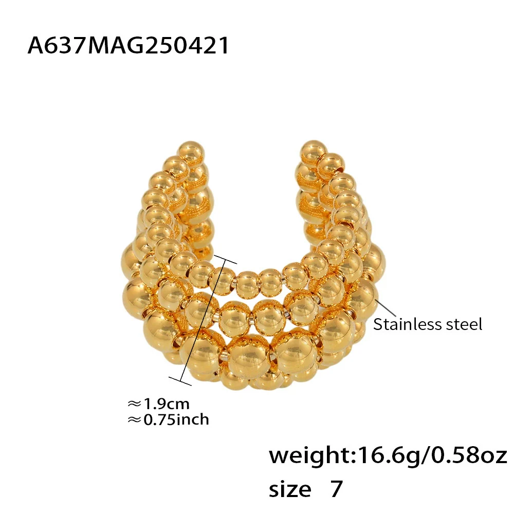 Wholesale Women's Geometric Stainless Steel Electroplated Multilayered Beads Wide Version Open Ring - Image 6