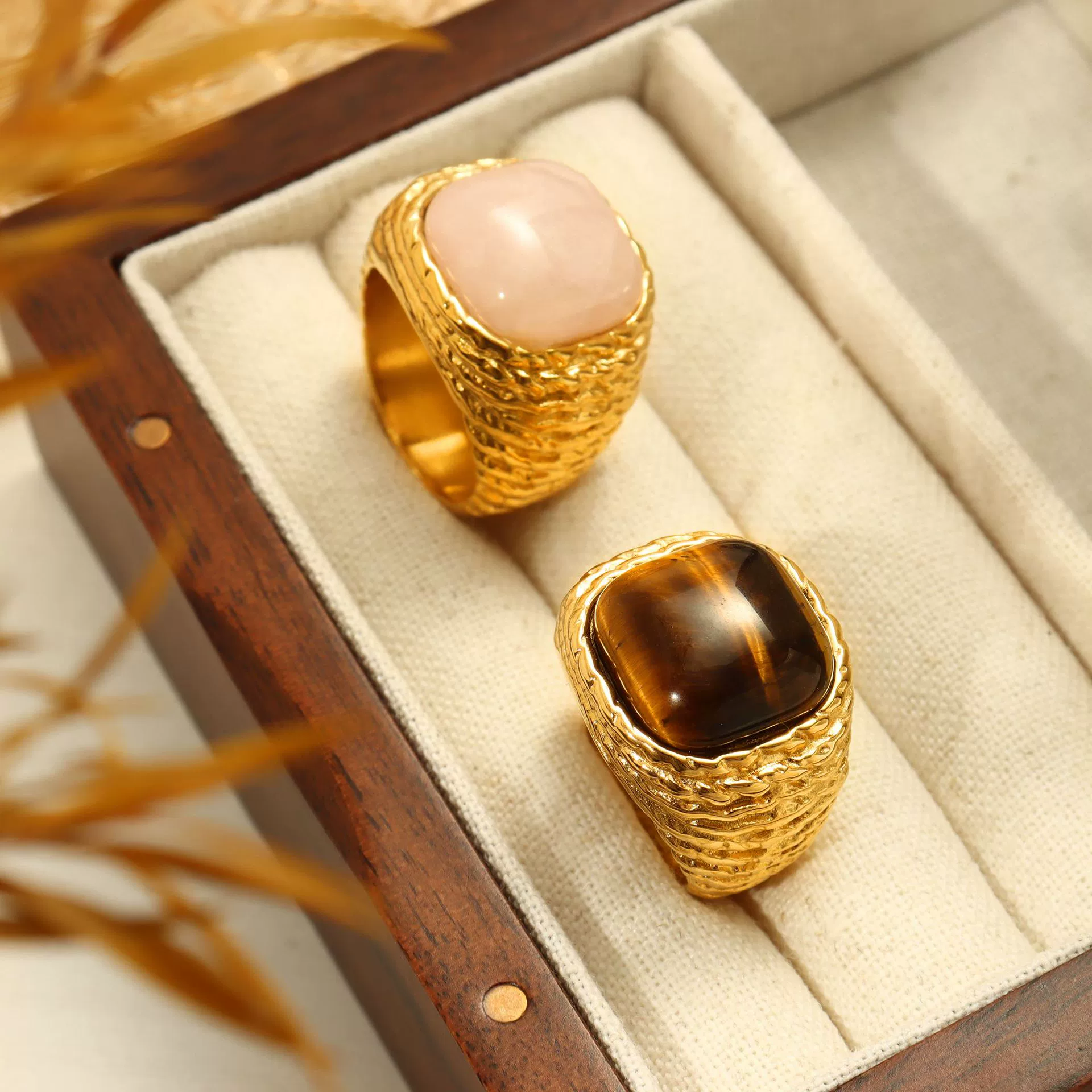 Wholesale Women's Geometric Stainless Steel Ferris Wheel Maillard Tiger Eye Stone Ring With 18K Real Gold Electroplating Medieval Precision Jewelry - Image 2