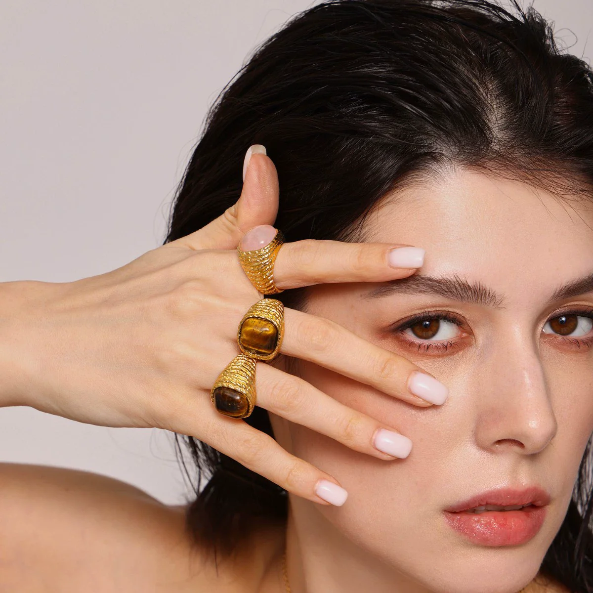 Wholesale Women's Geometric Stainless Steel Ferris Wheel Maillard Tiger Eye Stone Ring With 18K Real Gold Electroplating Medieval Precision Jewelry - Image 4