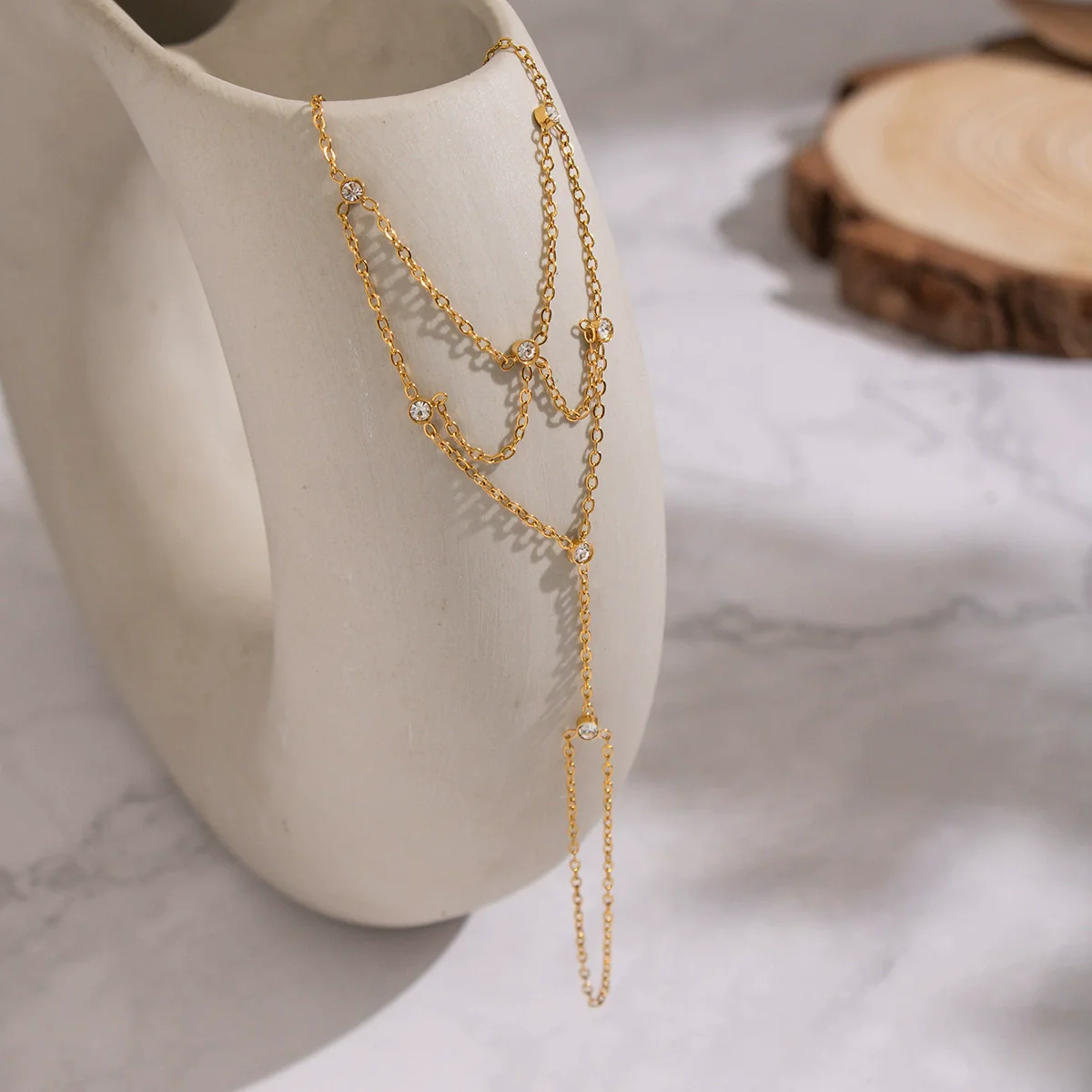 Wholesale Women's Geometric Stainless Steel Real Gold Plated Finger Chain Bracelet Jewelry - Image 2