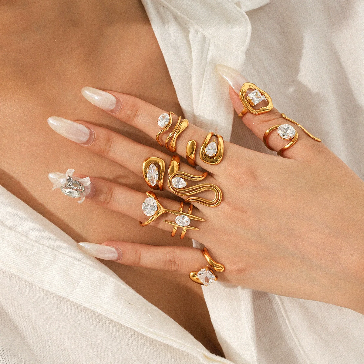 Wholesale Women's Geometric Stainless Steel Ring Set With Zirconia - Image 4