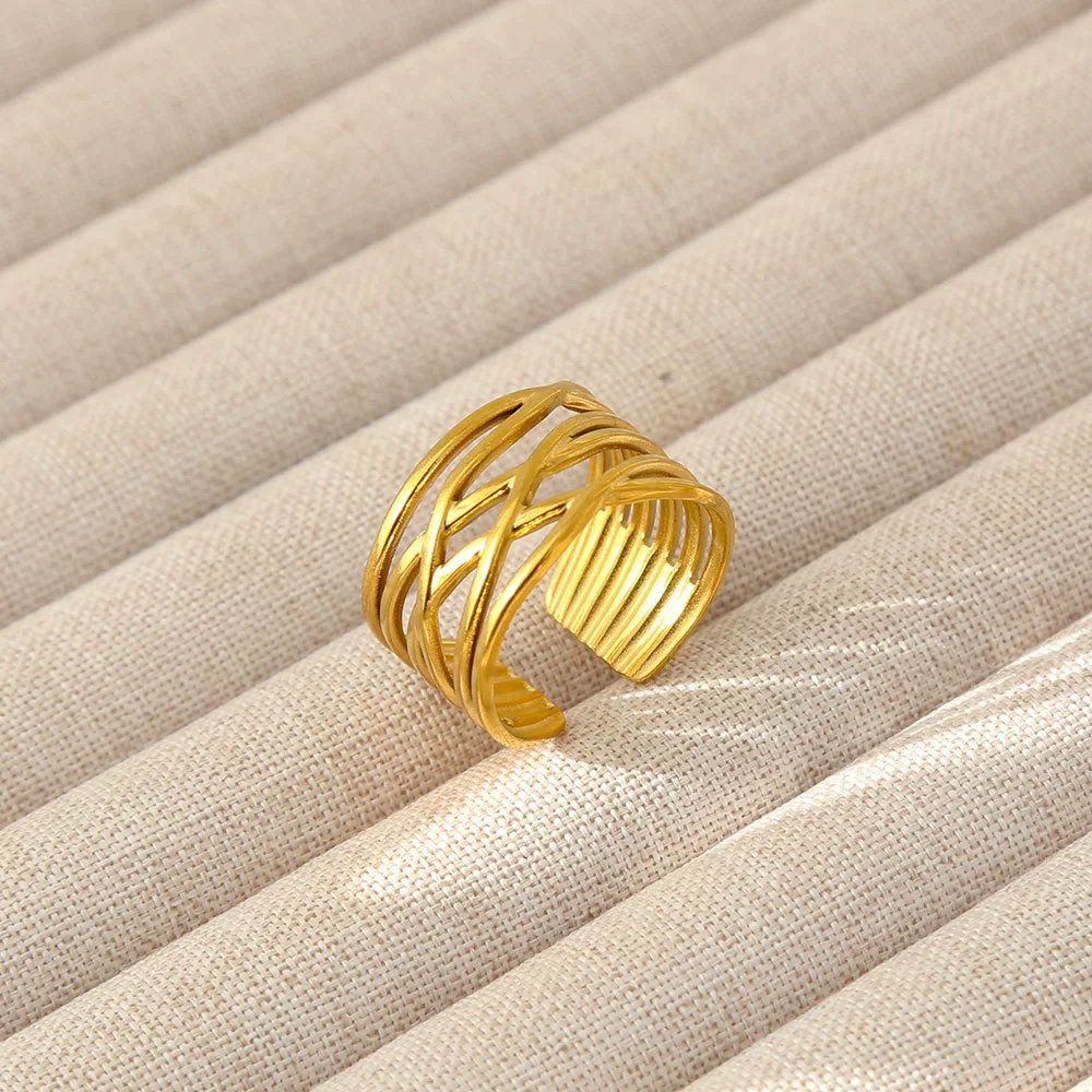Wholesale Women's Geometric Stainless Steel Titanium Steel Ring With Geometric Plants And Flowers Pattern 18K Gold Electroplated Ins Style - Image 57