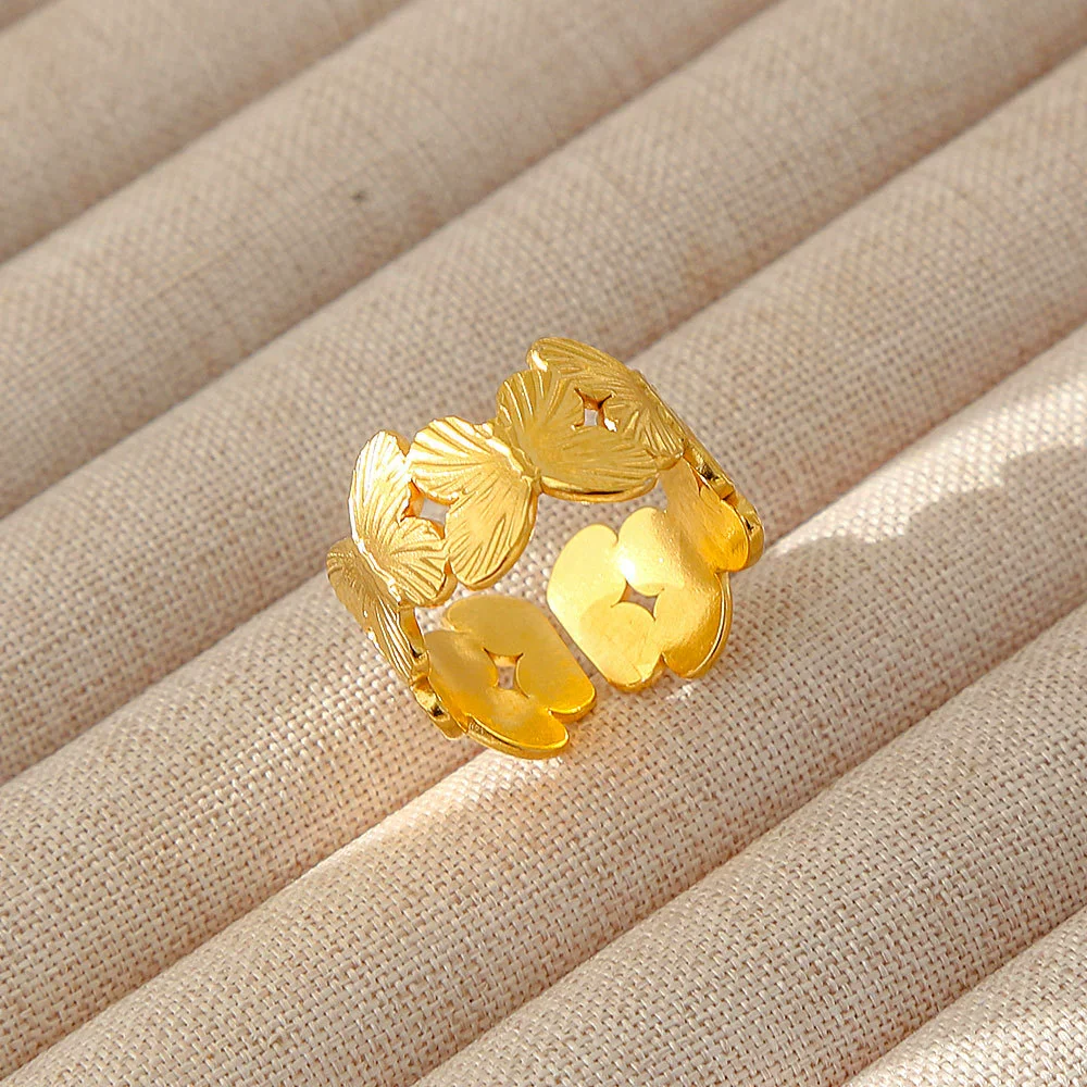 Wholesale Women's Geometric Stainless Steel Titanium Steel Ring With Geometric Plants And Flowers Pattern 18K Gold Electroplated Ins Style - Image 58