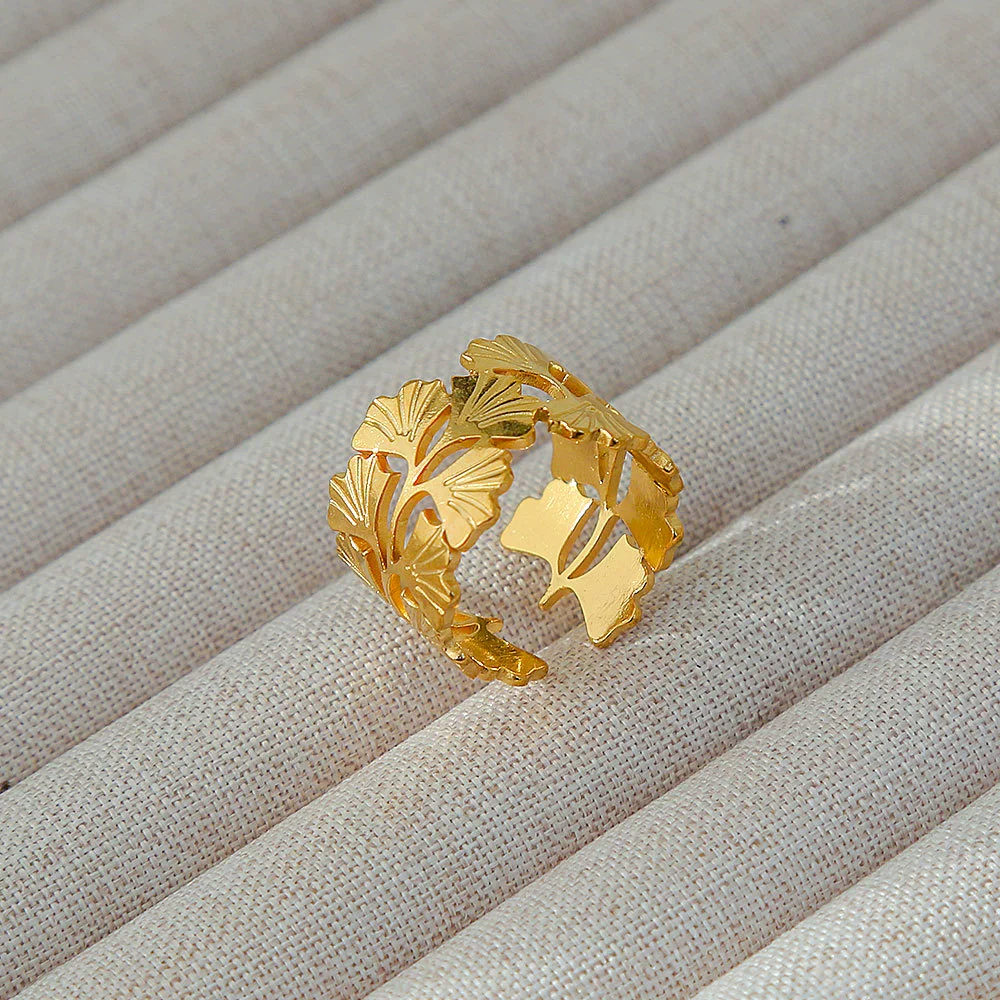 Wholesale Women's Geometric Stainless Steel Titanium Steel Ring With Geometric Plants And Flowers Pattern 18K Gold Electroplated Ins Style - Image 8