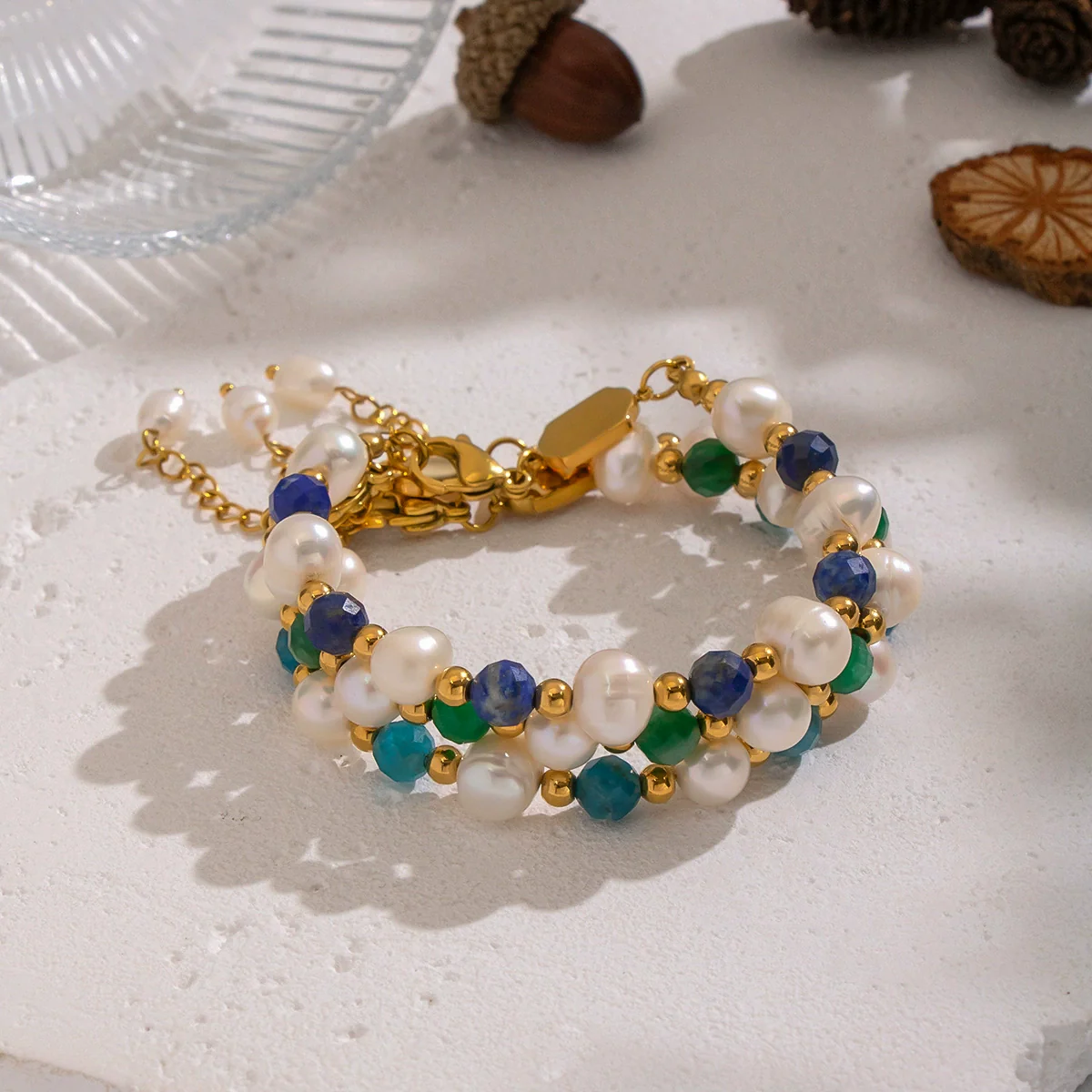 Wholesale Women's Geometric Stainless Steel Vacuum Plated Bracelet With Natural Stone Lapis Lazuli Green Agate And Freshwater Pearl