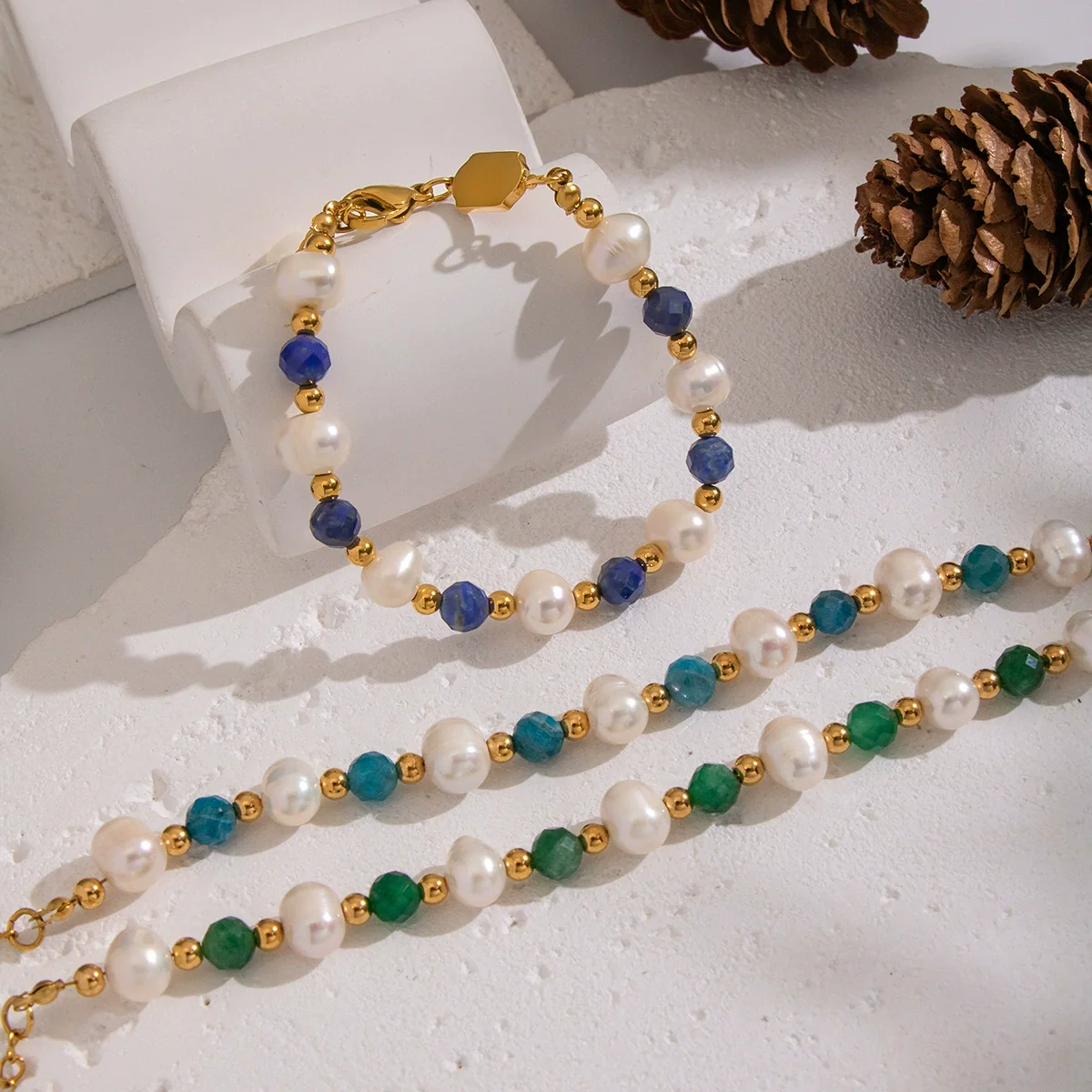 Wholesale Women's Geometric Stainless Steel Vacuum Plated Bracelet With Natural Stone Lapis Lazuli Green Agate And Freshwater Pearl - Image 3