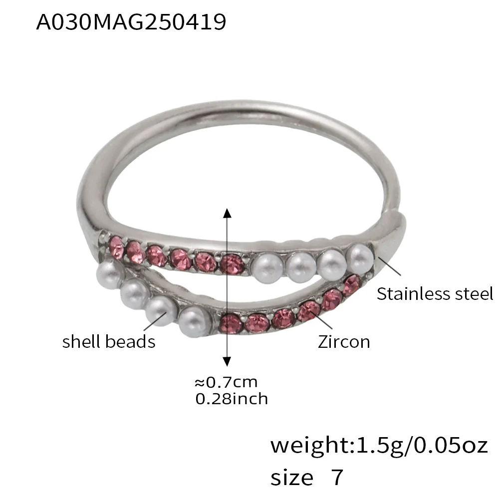 Wholesale Women's Geometric Stainless Steel Zircon Inlaid Pearl Electroplated Adjustable Open Ring Hand Jewelry - Image 10