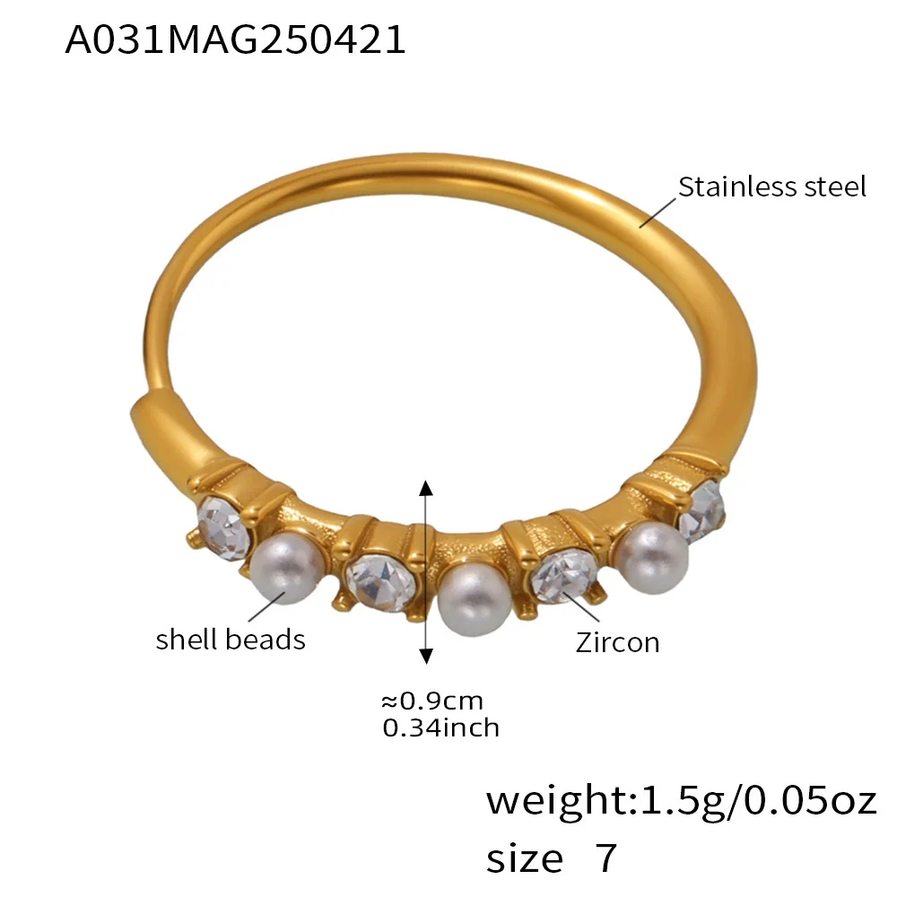Wholesale Women's Geometric Stainless Steel Zircon Inlaid Pearl Electroplated Adjustable Open Ring Hand Jewelry - Image 5