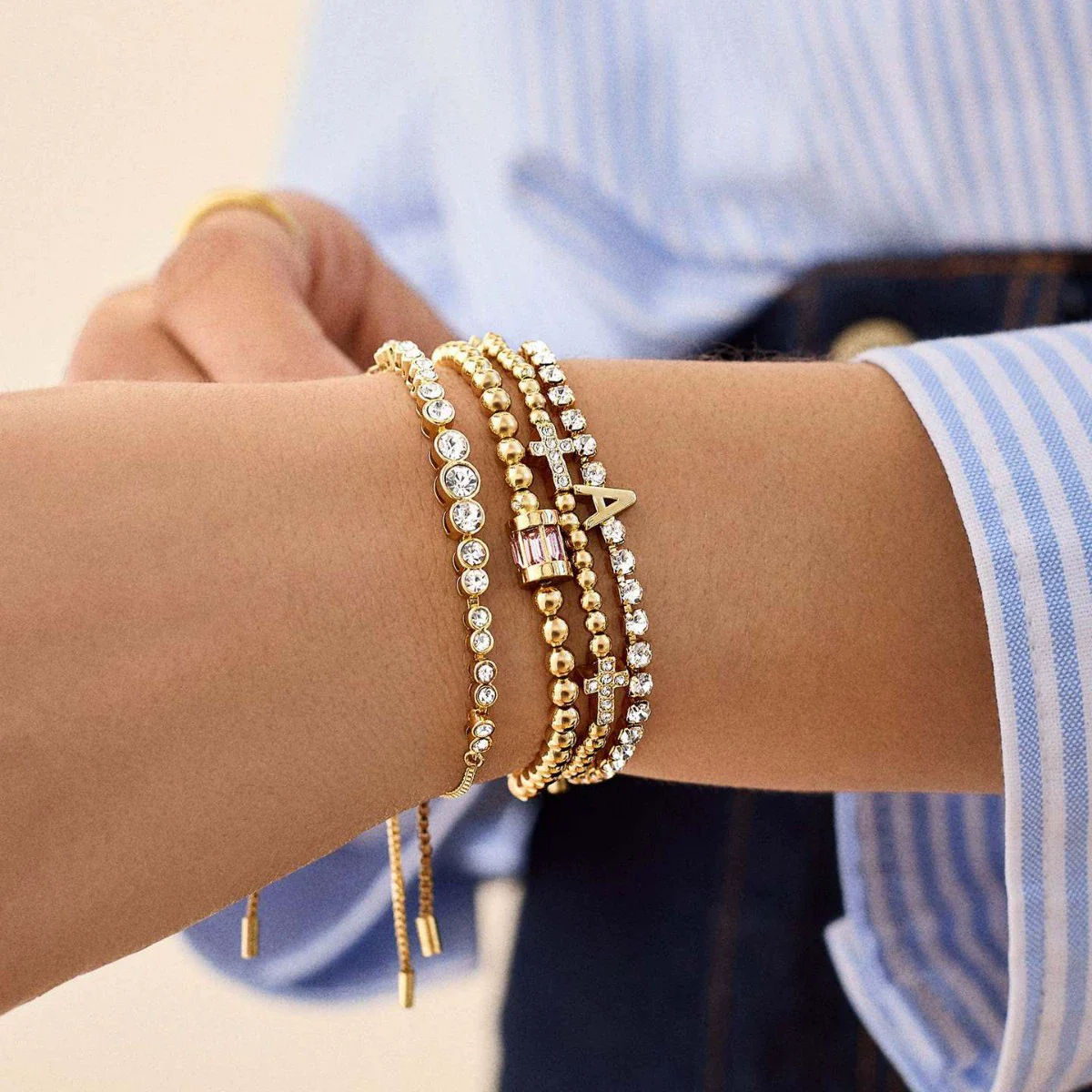Wholesale Women's Geometric Titanium Steel Electroplated Gold Beads Birthstone Zircon Beaded Bracelet - Image 3