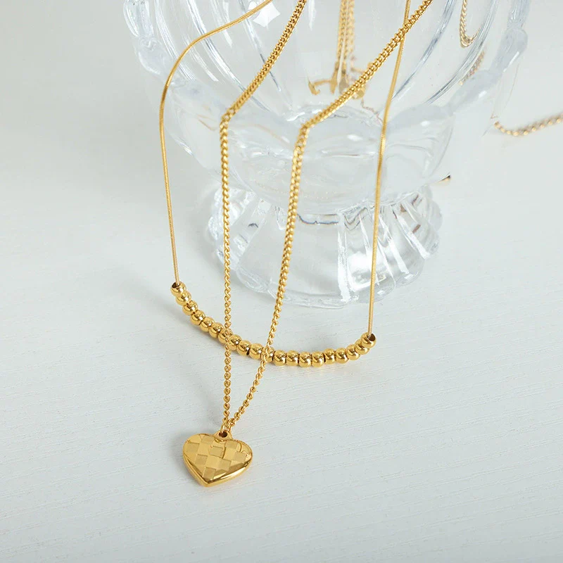 Wholesale Women's Geometric Titanium Steel Electroplated Heart Plaid Ball Necklace With Ochain - Image 4